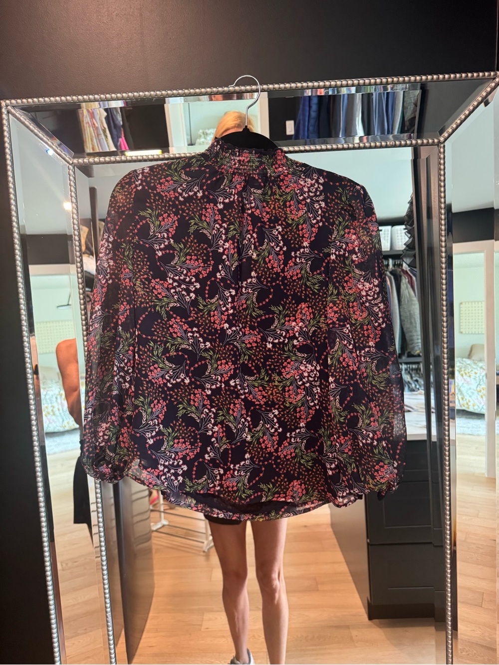 1.STATE Navy Floral Smocked Neck Blouse Jacket